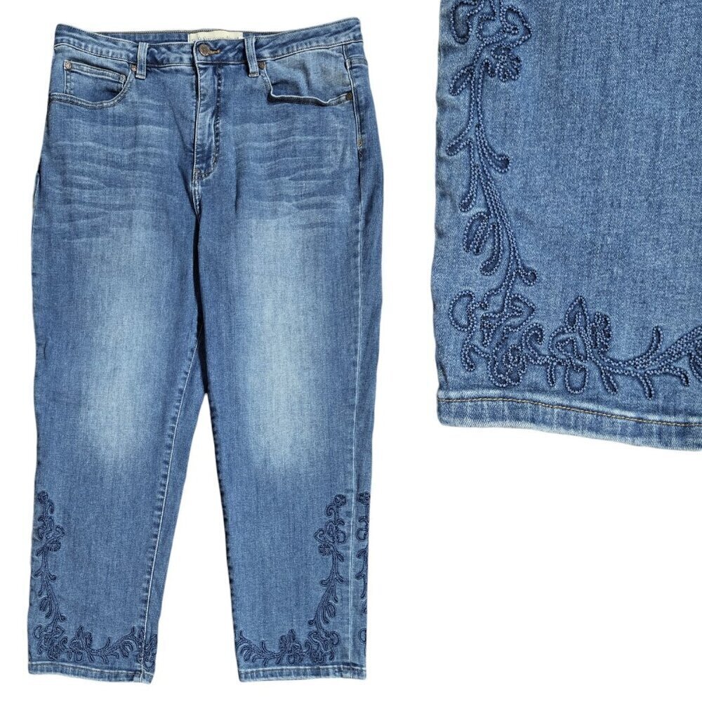 Soft Surroundings Medium Wash Cropped Embroidered Hem Jeans Beachy Boho